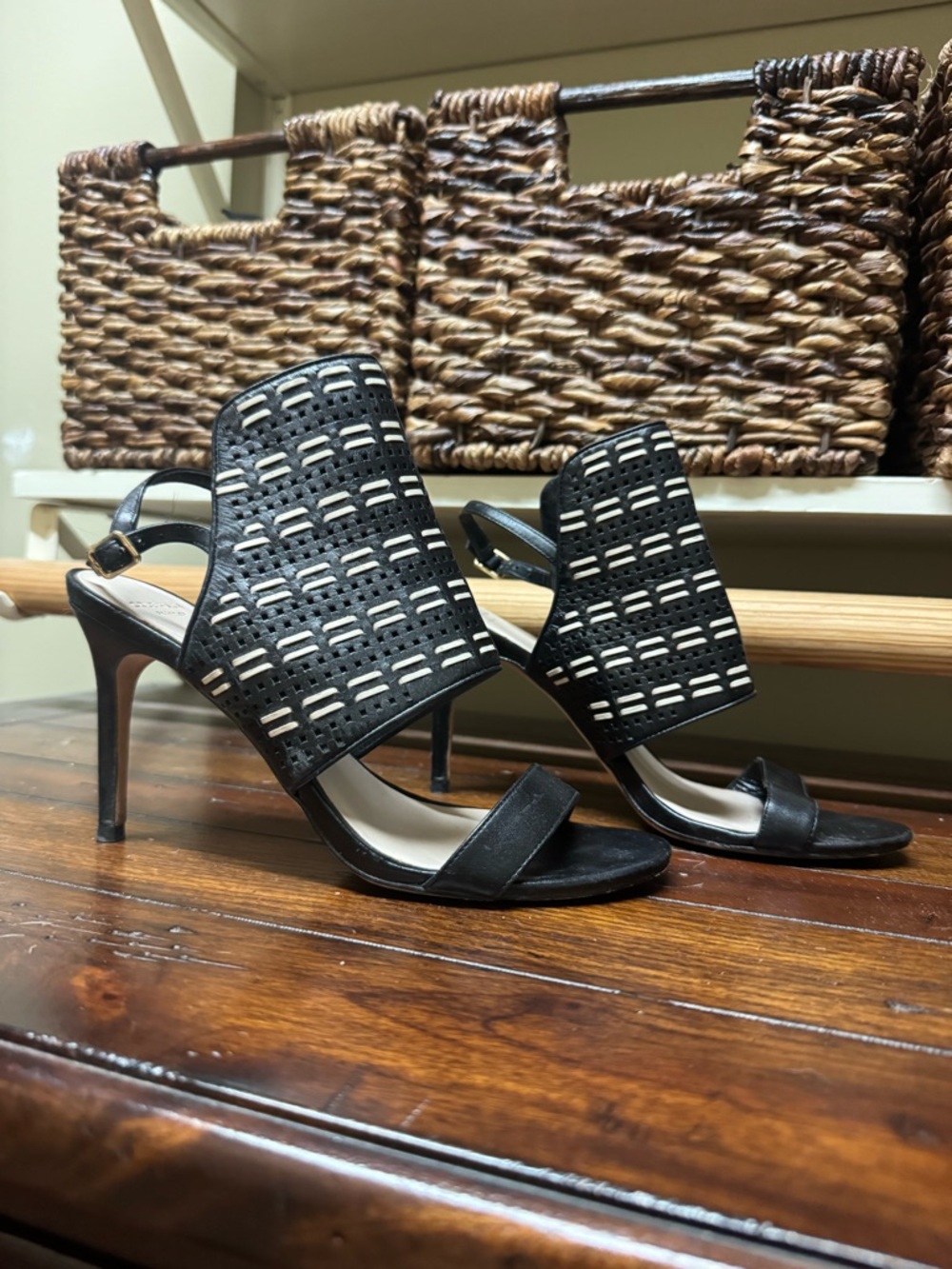 Cole Haan Black Cutout Slingback Heels with Cream Accents